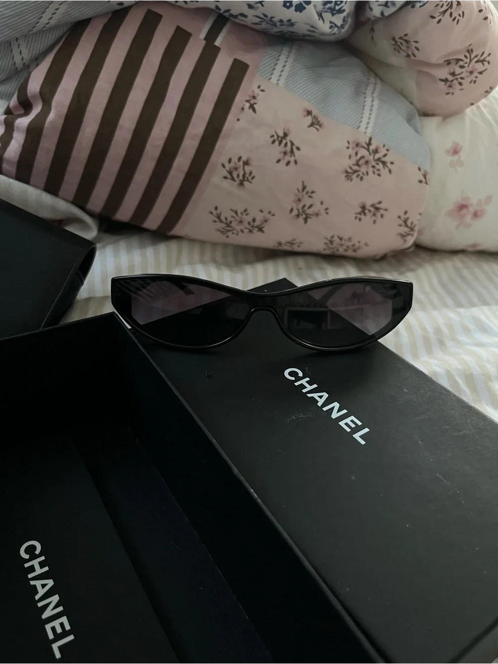 CHANEL Black Slim Cat-Eye Sunglasses with Dark Lenses